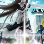 Héroïne manga dans une ville animée avec panneaux publicitaires colorés, illustration de style anime pour jeu vidéo Akiba's Trip: Undead & Undressed, scène dynamique en milieu urbain.