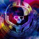 Vaporwave artistique d'un squelette dans une combinaison spatiale avec un fond cosmique coloré, illustrant la thématique gaming et univers futuriste pour le site Air-Gaming.