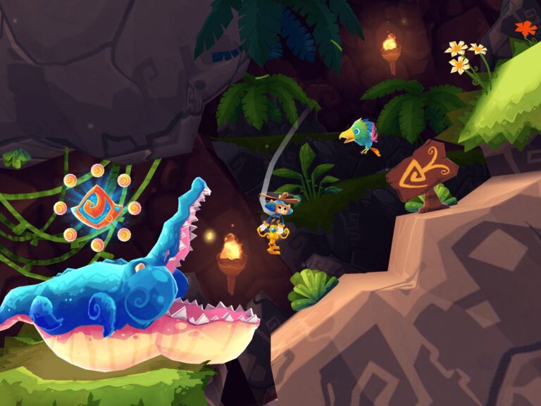 Reptile aérien, voyage aventure video game, décor jungle mystérieuse, graphismes colorés, gameplay plateforme en ligne, design artistique immersif, environnement tropical, aventure fantastique au cœur de la nature.