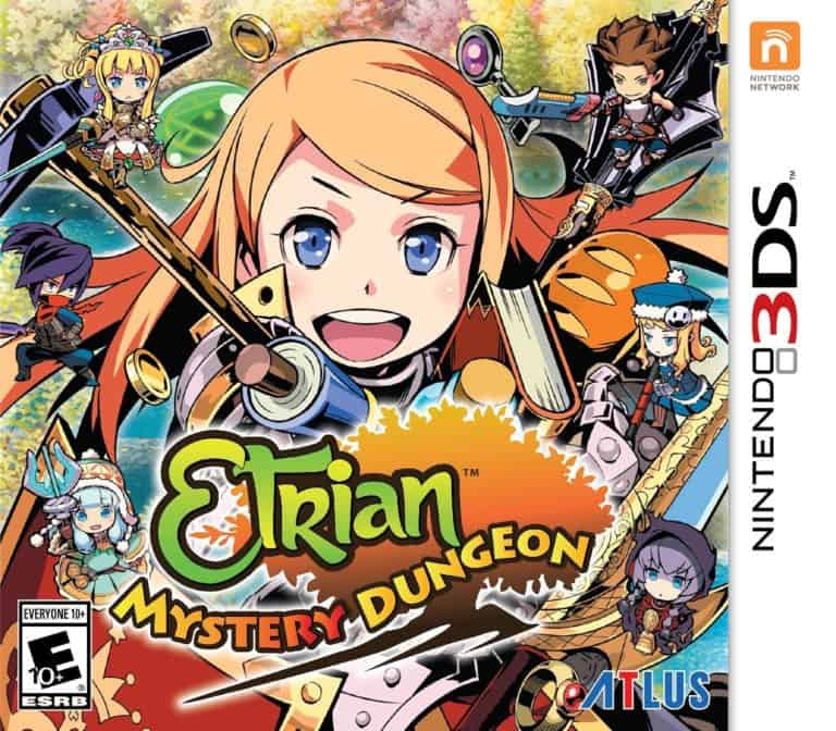 Édition du jeu vidéo Etrian Mystery Dungeon pour Nintendo 3DS avec des personnages animés en style manga et enceinte de forêt magique, aventure, exploration, RPG.