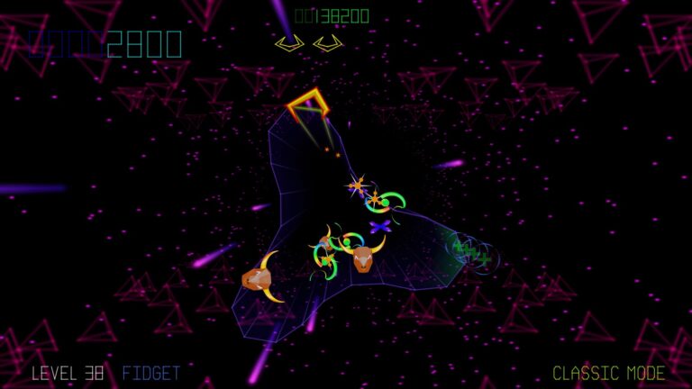 Vast arcade de jeu vidéo de tir spatial avec graphismes néon colorés pour une expérience immersive de jeu rétro.