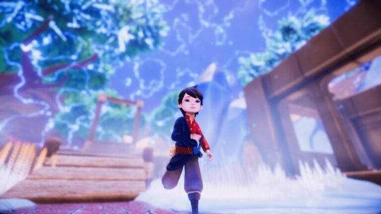 Enfant avatar de jeu vidéo dans un décor fantastique avec éléments naturels, pont en bois et cascade, dans une ambiance de jeux vidéo Air-Gaming, style animé 3D.