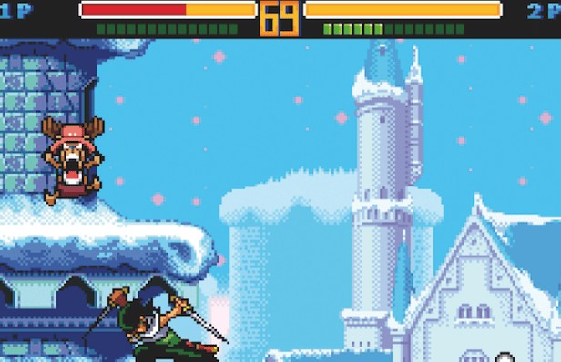 Environnement de jeu de combat pixelisé inspiré d'un château enneigé avec personnages animés en action, parfait pour les fans de jeux classiques et rétro.