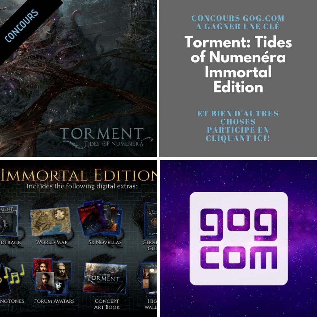 Tirage au sort pour la console GOG : clé gratuite pour Torment: Tides of Numenera Immortal Edition, contenu numérique exclusif inclus, jeu de rôle immersif dans un univers fantastique.