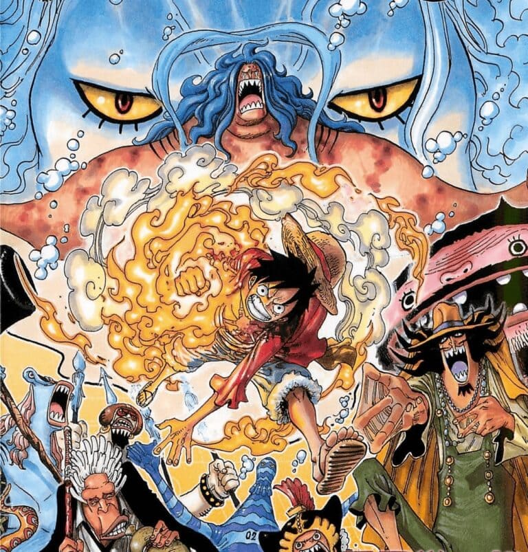 One Piece, illustration artistique de pirates et de monstres avec des personnages colorés et dynamiques, représentant l'univers de manga et d'anime.