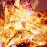 Explosions géantes à Times Square avec un dragon en feu, créant une scène apocalyptique de destruction pour un jeu vidéo de folie.