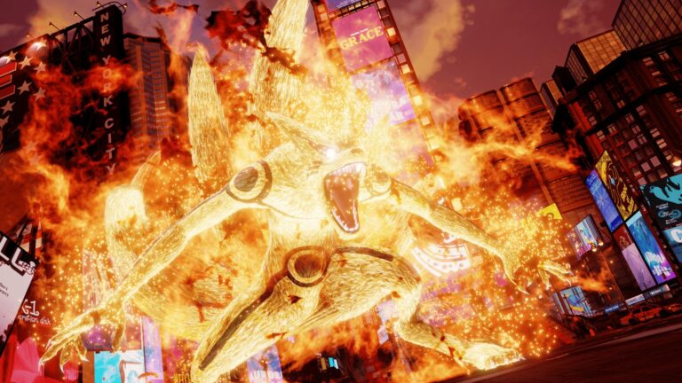 Explosions géantes à Times Square avec un dragon en feu, créant une scène apocalyptique de destruction pour un jeu vidéo de folie.