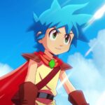Héros manga avec des cheveux bleus, costume d'aventurier, sous un ciel bleu avec des nuages et des éclairs lumineux.