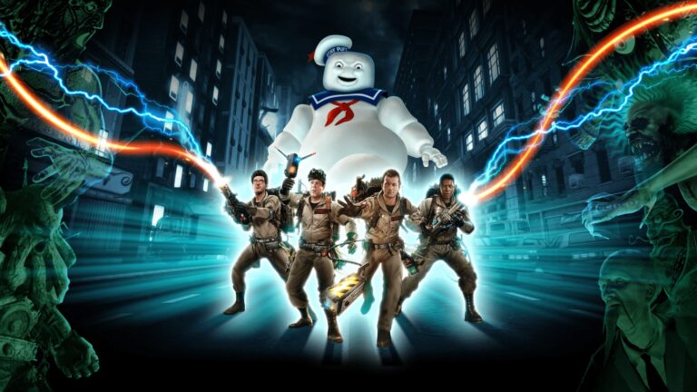 Gros plan du film d'action Ghostbusters avec des chasseurs de fantômes armés, un énorme Stay Puft Marshmallow Man en arrière-plan et des monstres effrayants dans une ville nocturne animée.