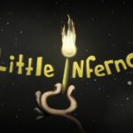 L'image montre le logo de Little Inferno avec un allumette enflammée au centre, flottant dans un décor sombre étoilé.