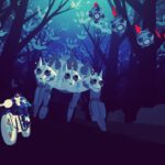 Un personnage à vélo dans une forêt sombre combat un gigantesque monstre appelé "Cératops" avec des crânes, entouré de ballons et d'éléments de jeu vidéo de style pixel art.