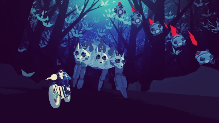 Un personnage à vélo dans une forêt sombre combat un gigantesque monstre appelé "Cératops" avec des crânes, entouré de ballons et d'éléments de jeu vidéo de style pixel art.