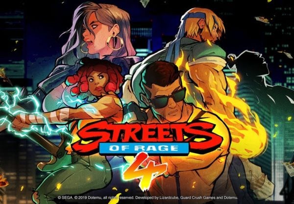 Bannière illustrée du jeu vidéo Streets of Rage 4 avec personnages stylisés en action dans un environnement urbain nocturne, mettant en avant des héros urbains dans un style graphique graphique vibrant et dynamique.