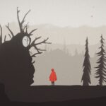 Élément d'une image de jeu vidéo ambiance sombre, forêt, personnage en rouge, mystérieux, style artistique minimaliste, scène dramatique, illustration de style graphique poétique, univers vide, atmosphère inquietante, éléments graphiques de jeu vidéo.