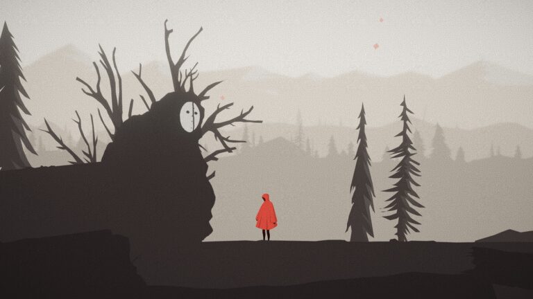 Élément d'une image de jeu vidéo ambiance sombre, forêt, personnage en rouge, mystérieux, style artistique minimaliste, scène dramatique, illustration de style graphique poétique, univers vide, atmosphère inquietante, éléments graphiques de jeu vidéo.