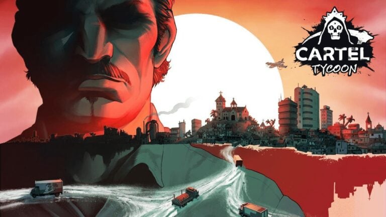 Un plan artistique de "Cartel Tycoon" avec un chef de cartels en gros plan, accompagné d'une ville dynamique, de camions et d'avions sur fond de coucher de soleil rougeâtre, représentant le jeu de stratégie et de gestion illégale.