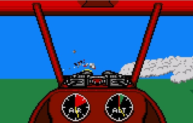 Alterne écran de cockpit de jeu de pilotage rétro pixelisé avec instruments de vol et ciel bleu en arrière-plan.