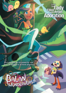 Arbres avec oiseaux colorés, personnage féminin aventurière, ambiance fantastique dans la forêt, illustration de jeu vidéo BALAN WONDERWORLD, univers magique et aventurier pour enfants et familles.