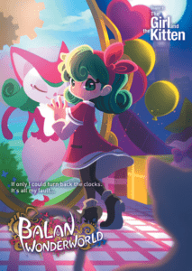 Un personnage de jeu vidéo et un chaton sur fond coloré, illustrant l'univers magique de Balán Wonderworld, parfait pour les fans de jeux d'aventure et d'anime.