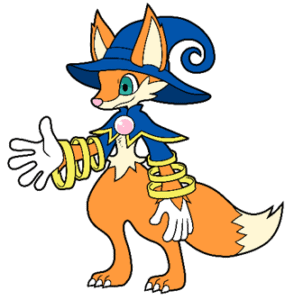 Chara design de personnage de jeu vidéo, style fantastique avec robe bleue, chapeau, accessoires dorés, personnage inspiré de jeux de fantasy et aventure.