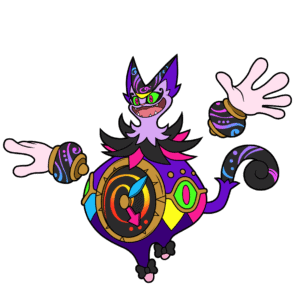 Montre un personnage fantastique coloré avec un casque de montre, un sourire méchant, des bras déployés et un décor mystérieux, dans un style de jeu vidéo d'arcade et de fantaisie.