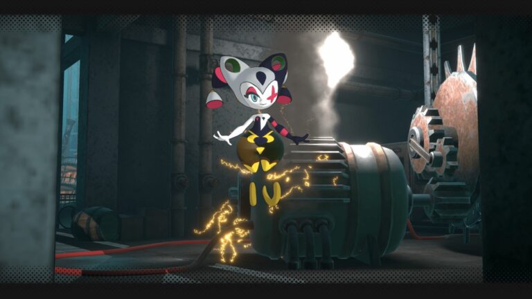 Énergie électrique et monde virtuel : personnage animé avec un masque de chat, électrique et industriel en arrière-plan dans l'univers du jeu Air-Gaming.