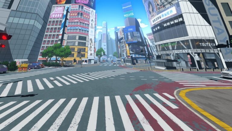 Neighborhood de ville futuriste inspirée par le style cyberpunk avec gratte-ciel modernes, publicités lumineuses et routes animées, idéal pour les jeux de simulation et d'aventure urbains.