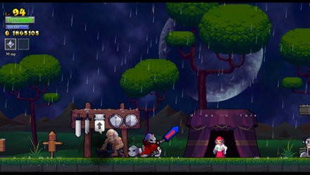 Un jeu d'aventure pixel art en forêt sous la pluie, avec un héros en armure et une ennemie avec une épée lumineuse.