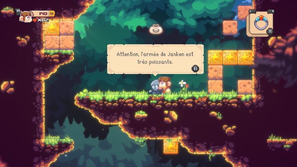 Explosions pixel art d’un personnage dans un jeu vidéo d’aventure dans une forêt mystérieuse. Style rétro, ambiance colorée, éléments de plateforme et dialogues en français.