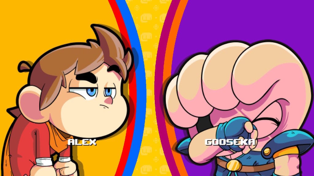 Héros de jeux vidéo d'Arcade Air-Gaming, Alex et Gooseka en style cartoon, dans une scène de compétition ou de duel. Illustration colorée mettant en avant l'univers gaming et e-sport.