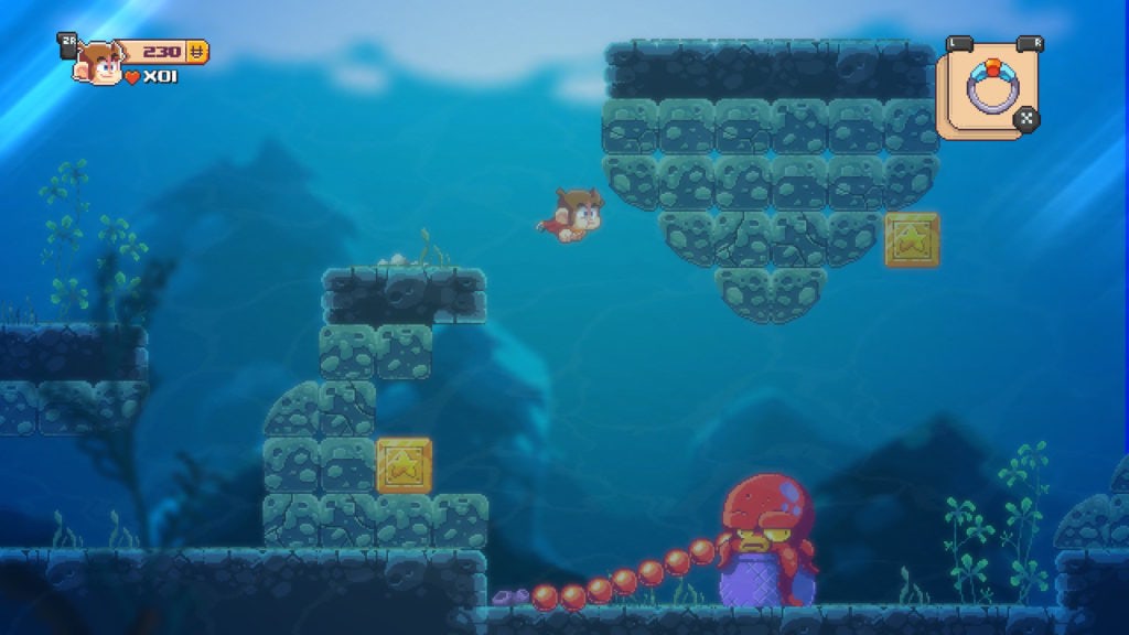 Pixel-art style jeu vidéo de plateforme sous l'eau, avec un héros animalier évadé d'une aventure aquatique, sous-marin, avec des blocs, des ennemis et des éléments d'exploration dans un décor coloré et immersif.