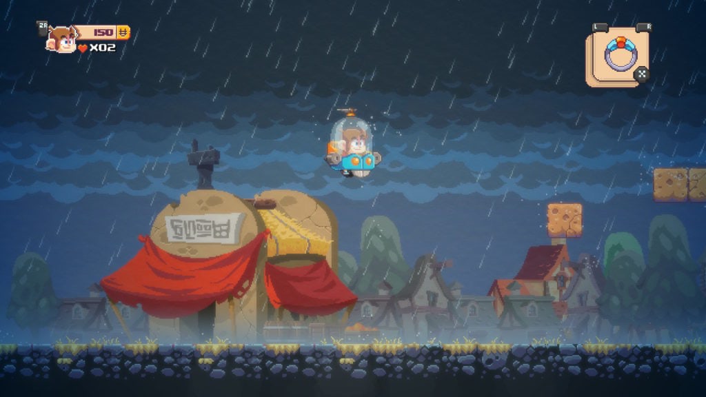 Un personnage pixelisé en nano sous-marin volant dans un ciel orageux avec pluie, dans un jeu vidéo d'aventure aérienne inspiré de jeux rétro.