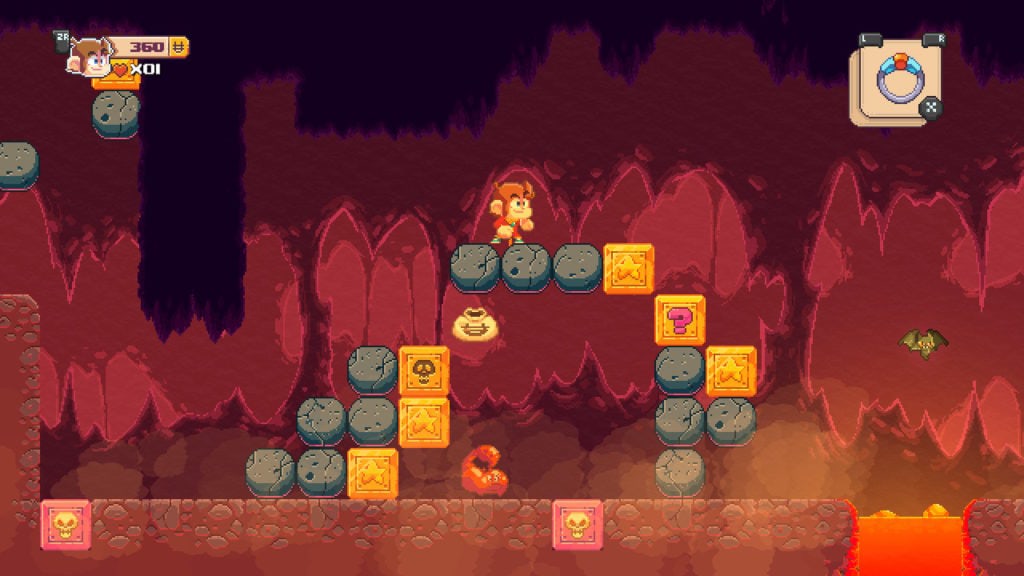 Trouver l'inspiration pour les jeux vidéo de plateforme dans un environnement volcanique en pixel art.