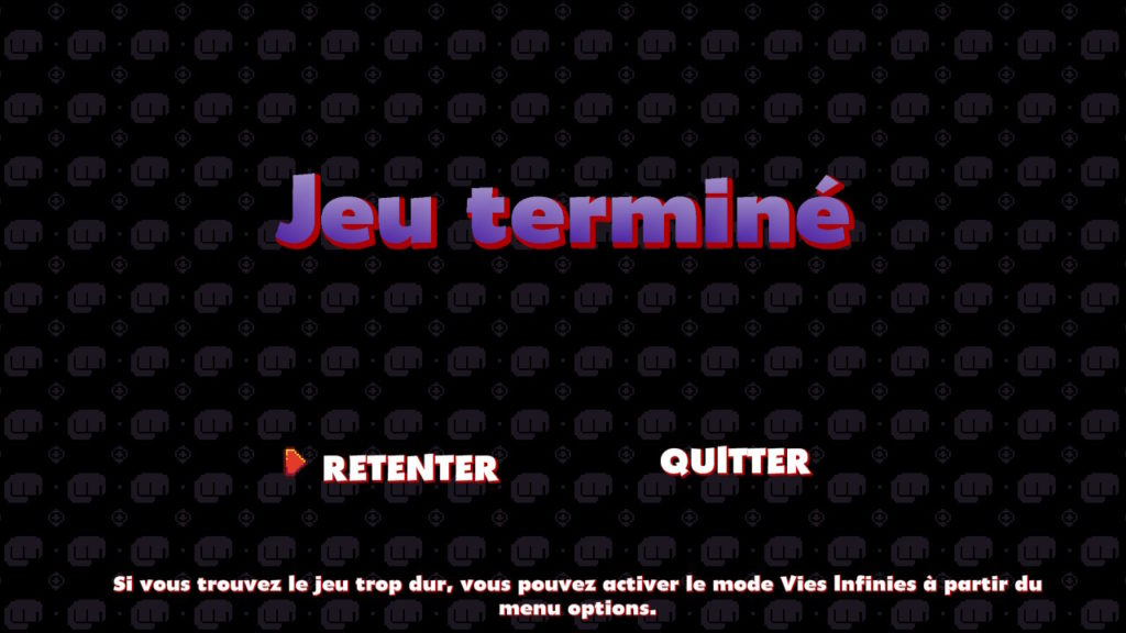 Jeu terminé - Écran de fin avec options Retenir ou Quitter, fond noir avec motifs de manettes de jeux vidéo.