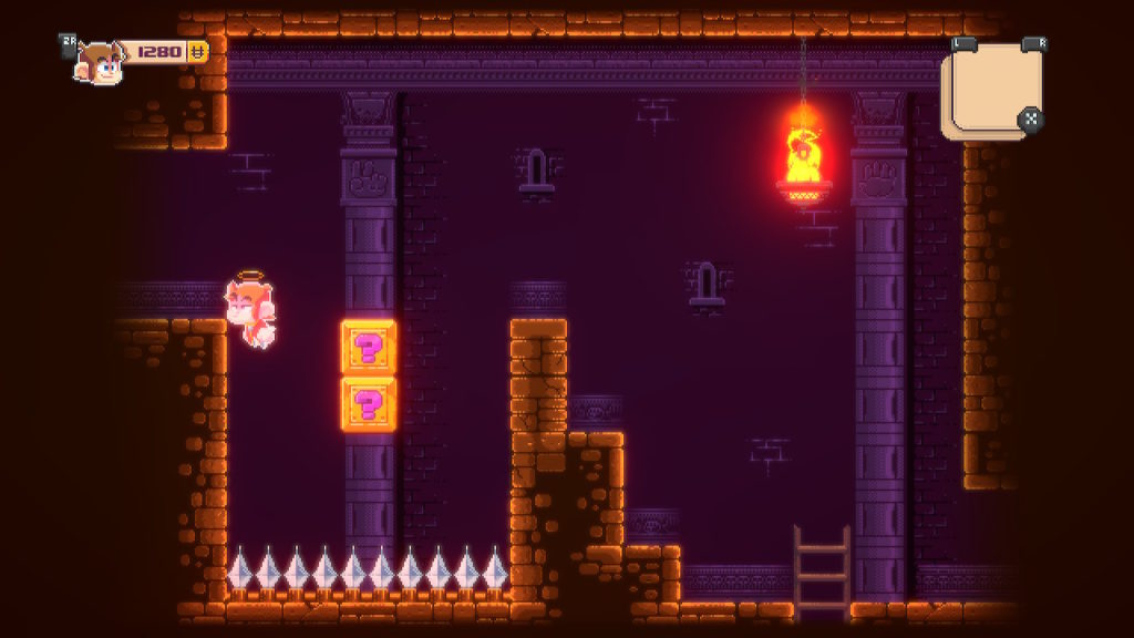 Pixel art de jeu vidéo de plateforme avec personnage angelique en pixel, éléments de puzzle et décor de donjon rétro.