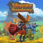 Colis animé de jeu vidéo Monster Sanctuary avec héros et créatures fantastiques dans un paysage coloré forêt fantasy.