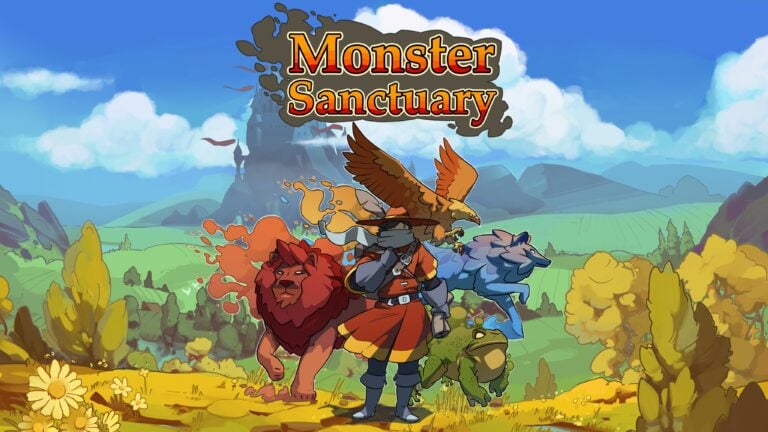 Colis animé de jeu vidéo Monster Sanctuary avec héros et créatures fantastiques dans un paysage coloré forêt fantasy.