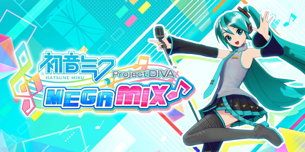 Hatsune Miku Project DIVA Mega Mix, jeu vidéo de rythme avec la célèbre voix de Vocaloid, illustré par une version colorée du personnage avec farandole de notes musicales et éléments graphiques vifs.