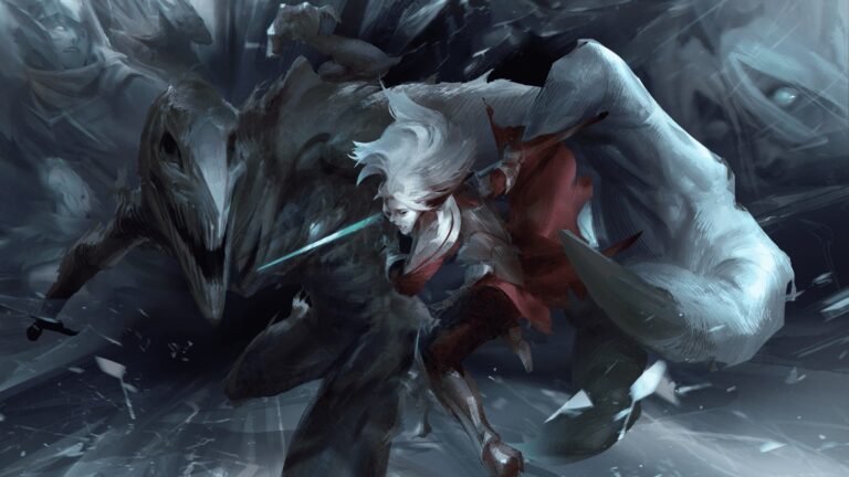 Sombre combat entre une guerrière héroïque et une créature mystérieuse dans un univers fantastique, illustrant l’action, l’aventure et le fantastique dans un style artistique numérique immersif.