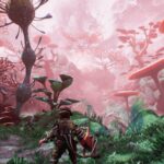 Mushroom forest in a sci-fi video game environment, lush tropical flora with oversized fungi and mysterious alien plants, vibrant colors and surreal atmosphere, ideal for eco-conscious gaming experiences.