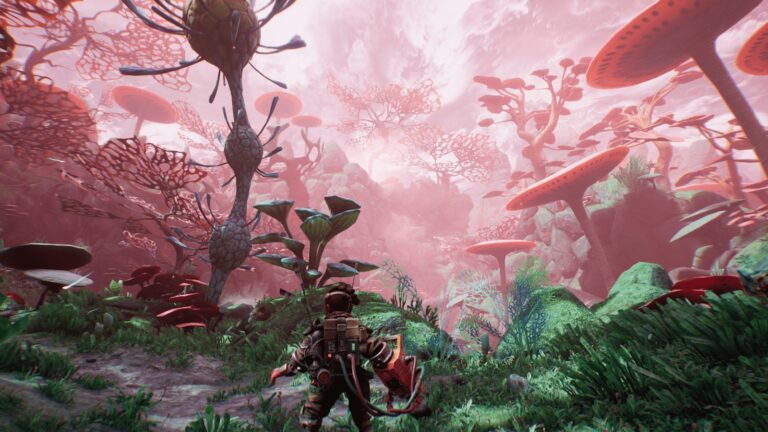 Mushroom forest in a sci-fi video game environment, lush tropical flora with oversized fungi and mysterious alien plants, vibrant colors and surreal atmosphere, ideal for eco-conscious gaming experiences.