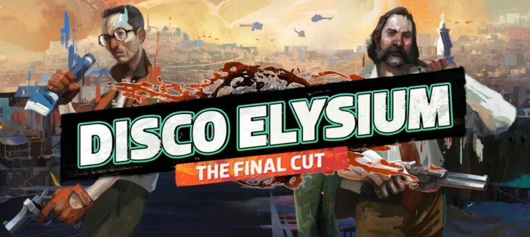 Mortier, personnages de jeu vidéo en style art numérique, ambiance urbaine de style pixel art, thème de jeu vidéo de tir et action, avec logo "Disco Elysium" en arrière-plan dans un style artistique vibrant et détaillé.