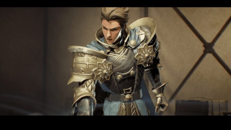 Armure médiévale avec détails floraux en or, personnage masculin dans un décor de jeu vidéo fantasy, héros en costume d'élite, peinture numérique réaliste, ambiance épique, jeux vidéo de rôle, personnages fantasy.