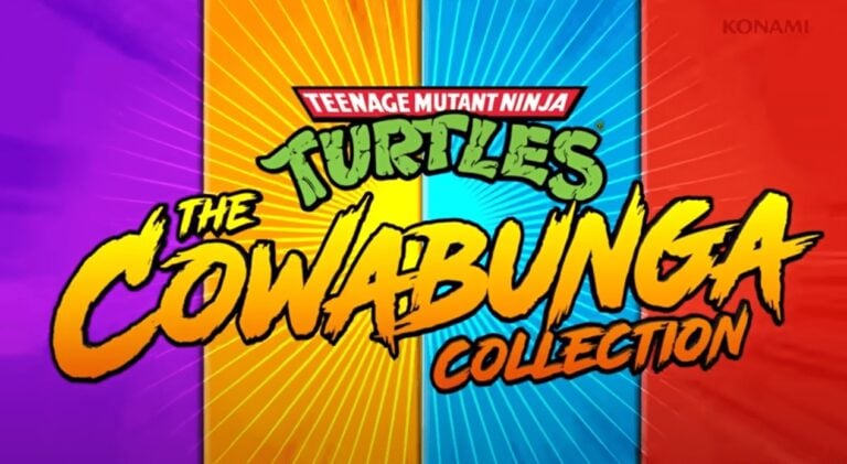 Turtles The Cowabunga Collection logo coloré avec fond vibrant, mettant en valeur une compilation de jeux rétro de Teenage Mutant Ninja Turtles, idéale pour les fans de jeux vidéo classiques et de la franchise.