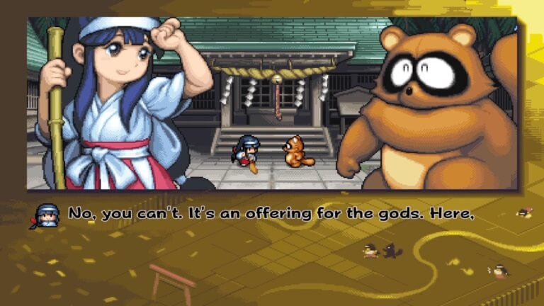 Kawaii mère et petit héros pixel art avec un ours dans un temple japonais traditionnel, style rétro, illustration de jeu vidéo, ambiance de festival, mystère et aventure.