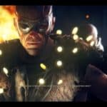 Combat de héros, explosion et scène de guerre dans un jeu vidéo de combat, personnage principal en masque et costume militaire, atmosphère intense et dramatique, air-gaming, jeu vidéo d'action, environnement spectaculaire avec explosions et effets de lumière dynamiques.