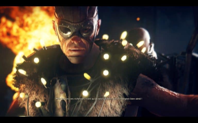 Combat de héros, explosion et scène de guerre dans un jeu vidéo de combat, personnage principal en masque et costume militaire, atmosphère intense et dramatique, air-gaming, jeu vidéo d'action, environnement spectaculaire avec explosions et effets de lumière dynamiques.