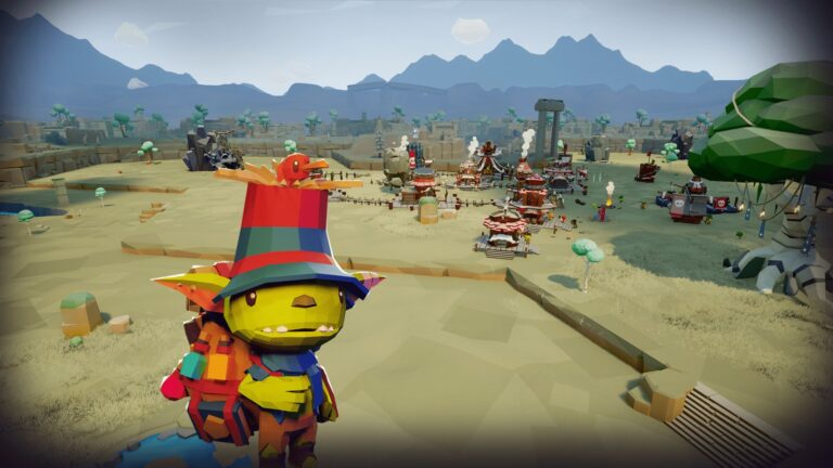 Étrange personnage de jeu vidéo avec un chapeau coloré dans un environnement de style cartoon, vue d'ensemble d'une zone de jeu avec des bâtiments et des paysages stylisés.