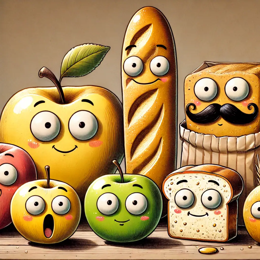 9182ad71-0935-4848-829a-05ec6badbec2 Pommes, pain de mie et pâtisserie avec des visages mignons et amusants, illustrant une cuisine ludique et appétissante.