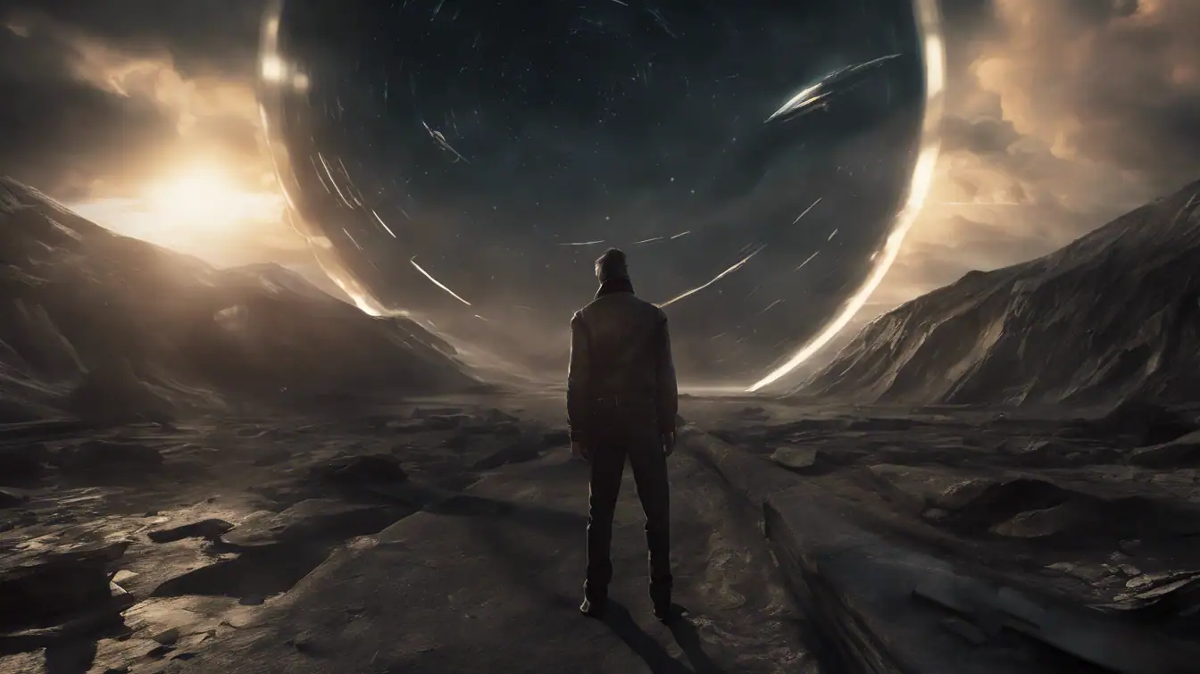 1f1b419f-d24c-45d6-91df-f7de780b8629 Voyage mystérieux vers une planète inconnue avec une scène spatiale dramatique et un ciel étoilé.